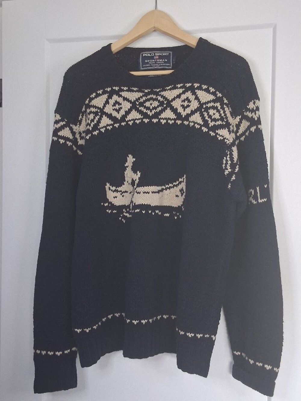 Vintage Polo Sport Ralph Lauren Sportsman Hand Knit Linen Cotton Canoe Sweater L